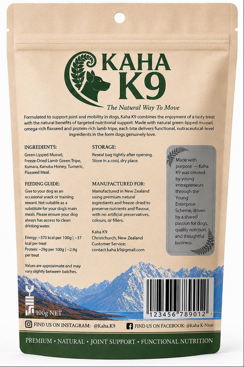 KAHA K9 Mobility Support Functional Dog Treats packaging front view.